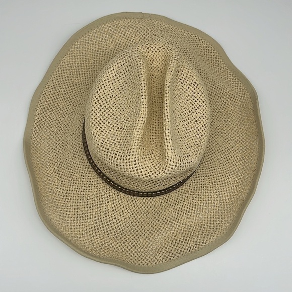 Steve Madden Woven Paper Yarn Sun Hat with gold accents & black lace overlay - Picture 4 of 5